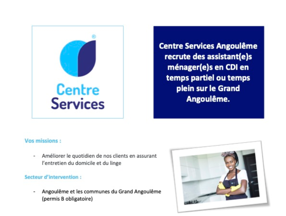 Actualité : Votre agence Centre Services recrute des aides ménagères sur le Grand Angoulême