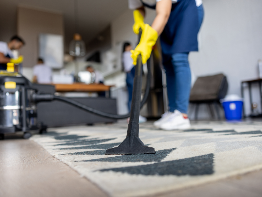 Nettoyeur professionnel passant l’aspirateur sur un tapis